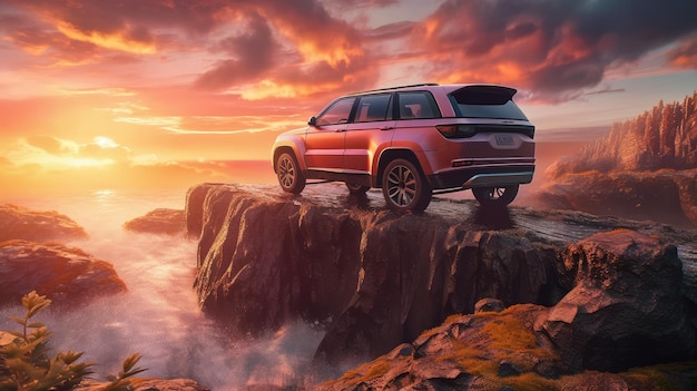 A red jeep is on a cliff at sunset.