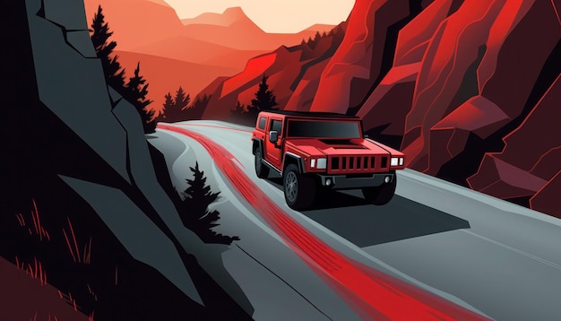 A red jeep is driving down a mountain road.