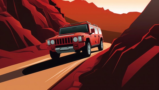 A red jeep is driving on a mountain road.