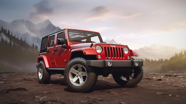 A red jeep with the word jeep on the front.