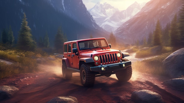 A red jeep wrangler drives through a mountain landscape.