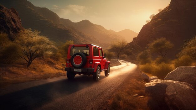A red jeep wrangler driving down a road with mountains in the background.