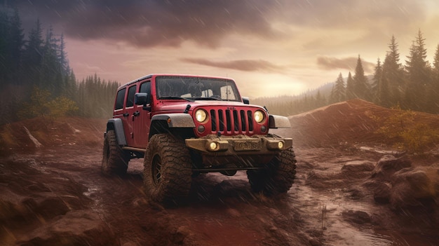 A red jeep wrangler driving on a muddy road with the word jeep on the front.