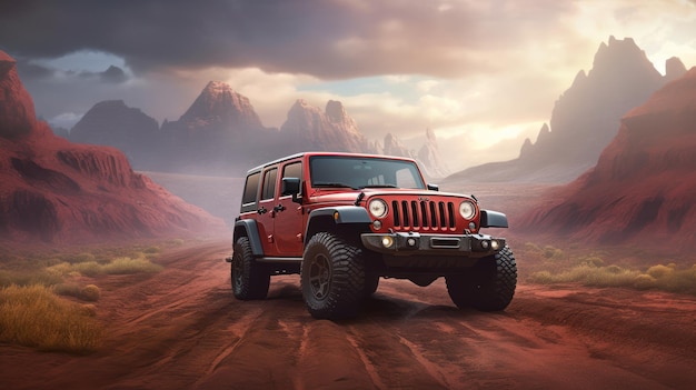 A red jeep wrangler is driving on a desert road.