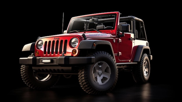 A red jeep wrangler is parked in a black background.