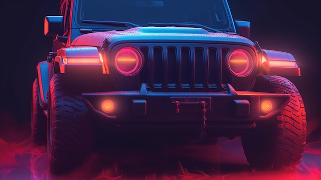 A red jeep wrangler with the headlights on.