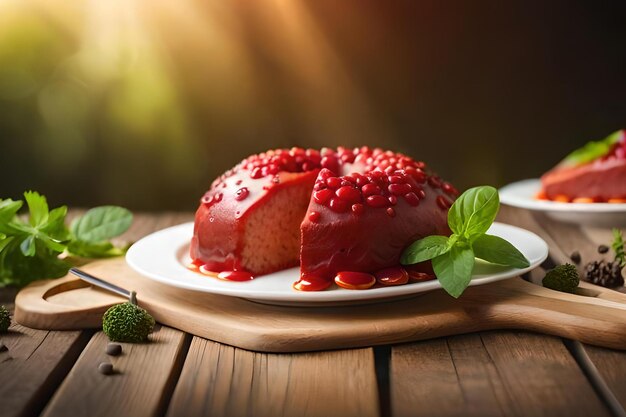 A red jelly cake with a slice cut out and a cup of tea on a wooden table