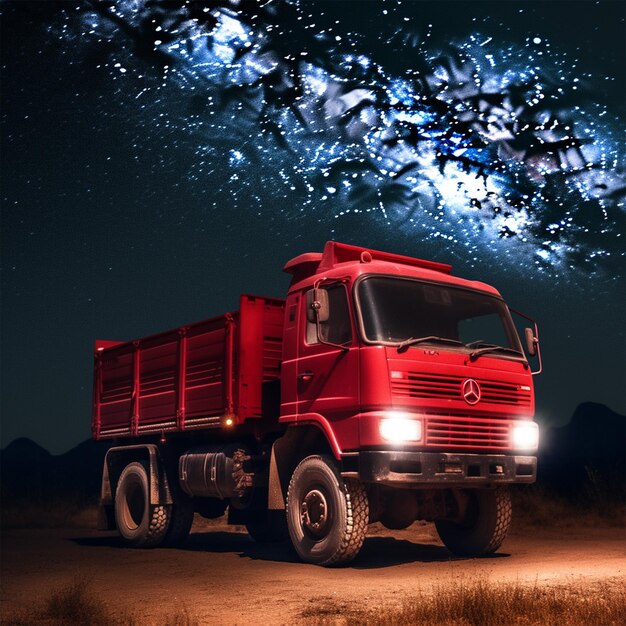 Foto un camion jiefang rosso che fluttua nel cielo notturno