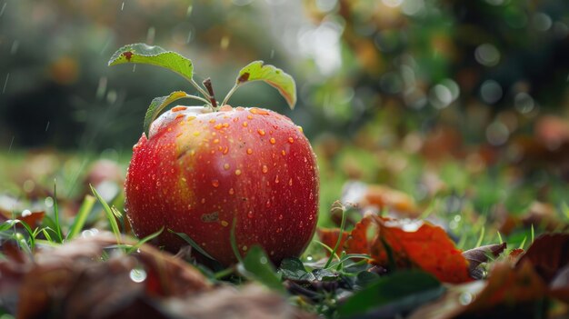 写真 雨の滴の下の草の上に赤いジューシーなリンゴ