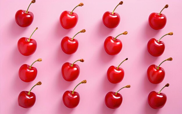 Photo red juicy cherries alinged symmetrically on a pink background