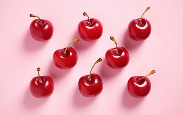 Red juicy cherries alinged symmetrically on a pink background