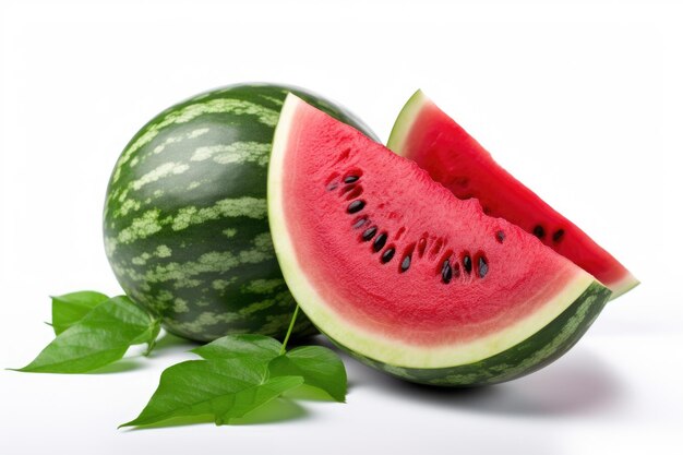 Red juicy fresh watermelon sliced and whole with leaves isolated on white background