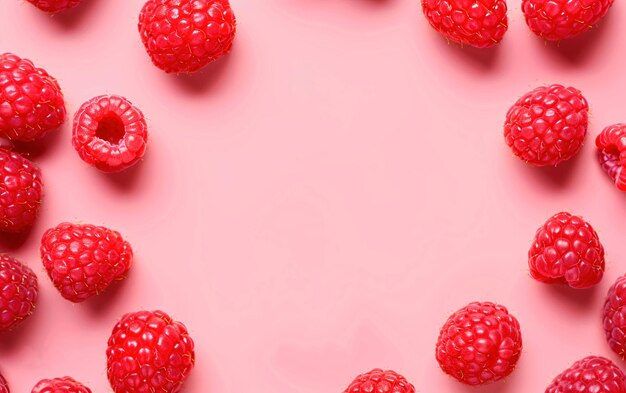 Photo red juicy raspberries arranged in a circle on a pink background