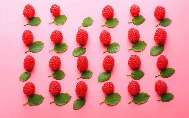 Red juicy raspberries on a pink background with green fresh leaves