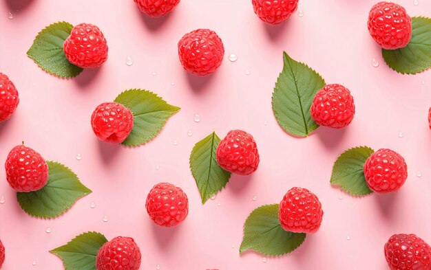 Photo red juicy raspberries on a pink background with green fresh leaves