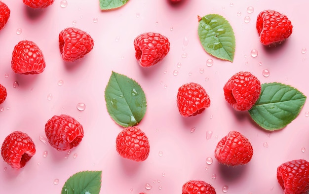 Photo red juicy raspberries on a pink background with green fresh leaves