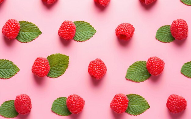 Red juicy raspberries on a pink background with green fresh leaves