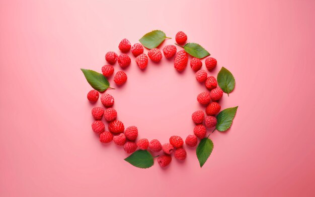 Foto raspberry rosse e succose con foglie verdi fresche disposte in cerchio su uno sfondo rosa