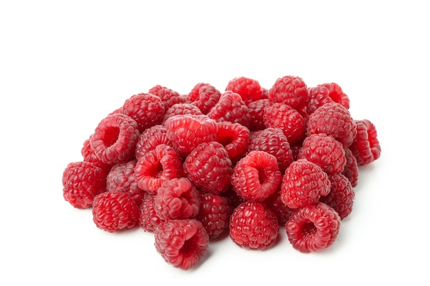 Red juicy raspberry, isolated on white background