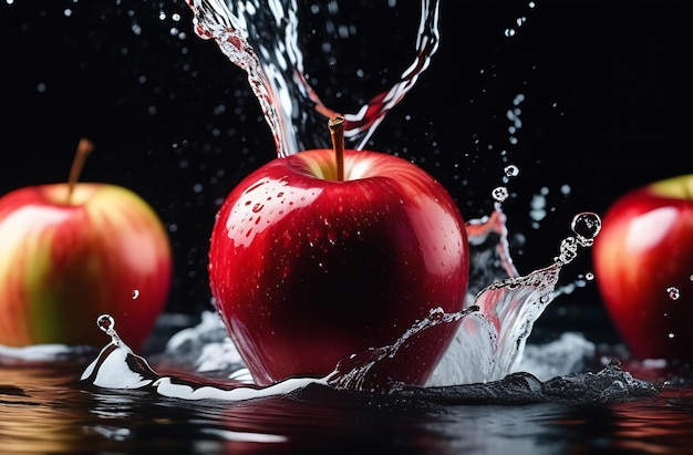 Foto mela rossa, succosa e gustosa con gocce d'acqua su uno sfondo nero