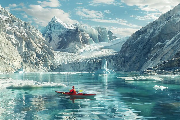 Red kayak in icy blue waters among towering glaciers