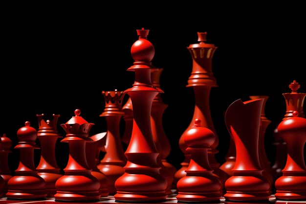 A red king chess piece stands in front of a large group of other chess pieces