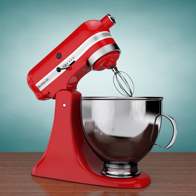 Red Kitchen Stand Food Mixer op een houten tafel. 3D-rendering