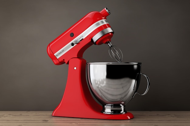 Red Kitchen Stand Food Mixer op een houten tafel. 3D-rendering