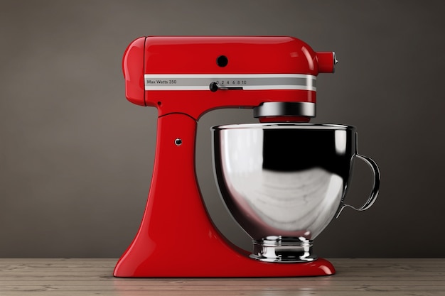 red kitchen stand food mixer on a wooden table. 3d rendering