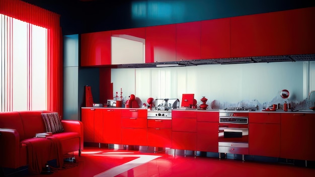 A red kitchen with a black wall and a red kitchen with a white counter and a red chair.