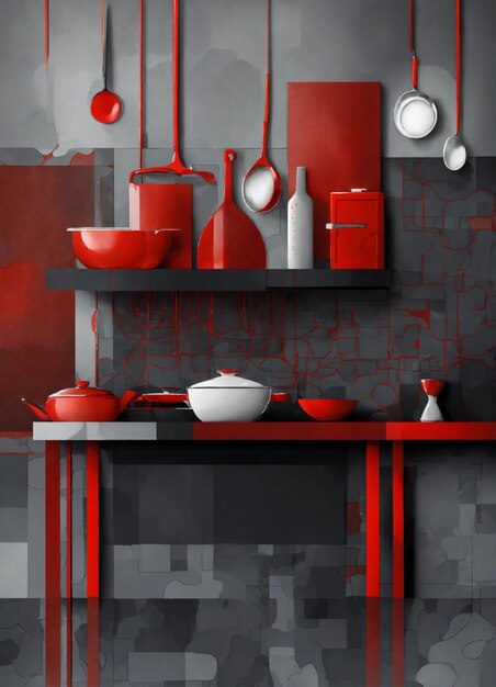 a red kitchen with a red shelf and pots and pans on it