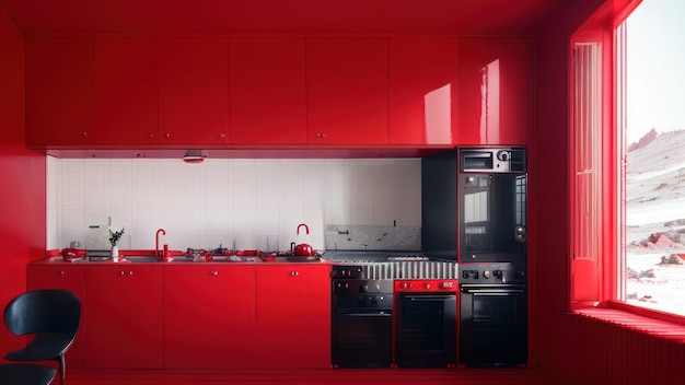 コンロのある赤いキッチンと、その背後にある赤い壁のシンク。