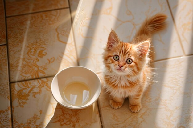 red kitten is in the kitchen next to a bowl and patiently waiting for food