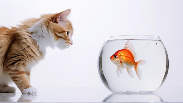 A red kitten looks at a goldfish that swims in an aquarium