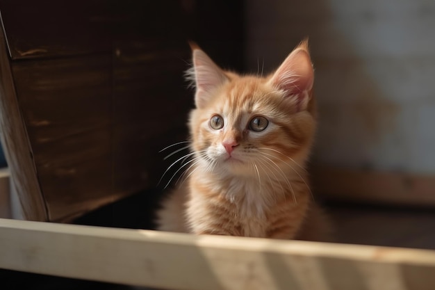 Красный котенок сидит внутри коробки для ремесел в новом доме солнечный дневной свет возле окна с копировальным пространством Генеративный ИИ