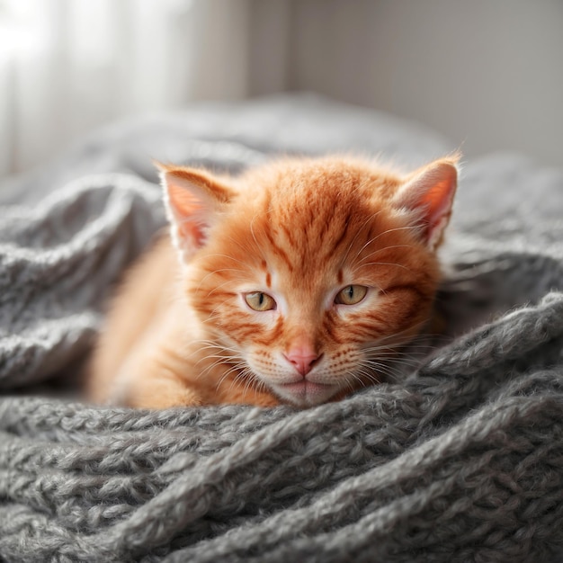 A red kitten sits in a knitted gray blanket on a bed