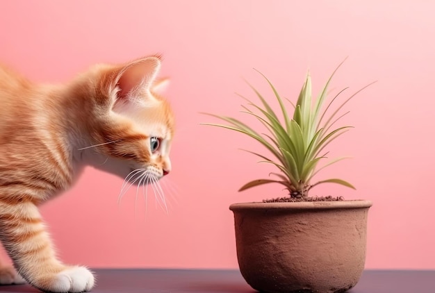 Рыжий котенок нюхает кактус