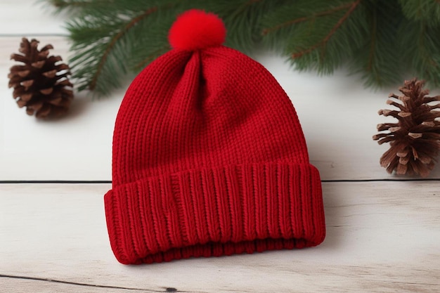 Foto un cappello a maglia rosso seduto sulla cima di un tavolo di legno