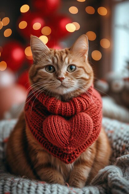 A red knitted heart in the paws of a cat A postcard with a gray and black fluffy cat