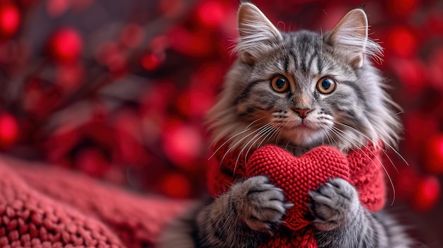 猫の爪の中の赤い編み心 灰色と黒の毛深い猫のポストカード