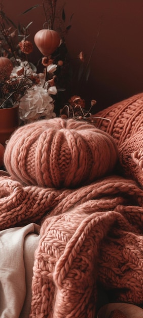 A red knitted sweater sits on a table next to a pot of flowers.