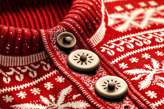 Red knitted sweater with christmas pattern with buttons