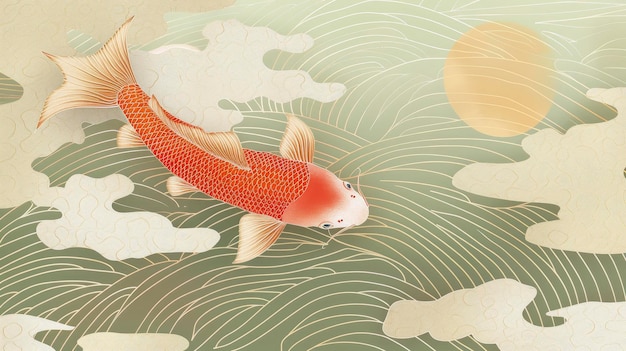 Красная рыба кой плавает в воде с простым фоном и узором солнца и луны