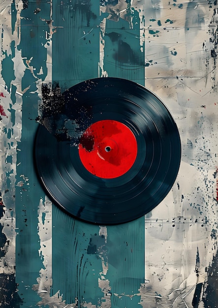 A red label record on striped background in electric blue gas