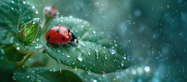 Red Ladybug Resting on Green Leaf