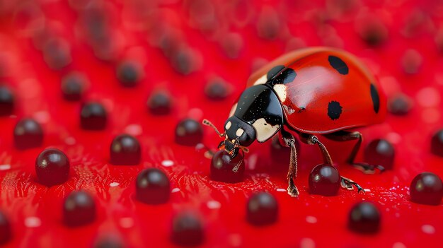 Photo a red ladybug sits on a red leaf eating a black aphid the ladybug is in focus while the aphid is slightly out of focus