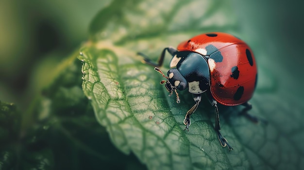A red ladybug with black spots is sitting on a green leaf The ladybug is facing the camera The leaf is blurred in the background
