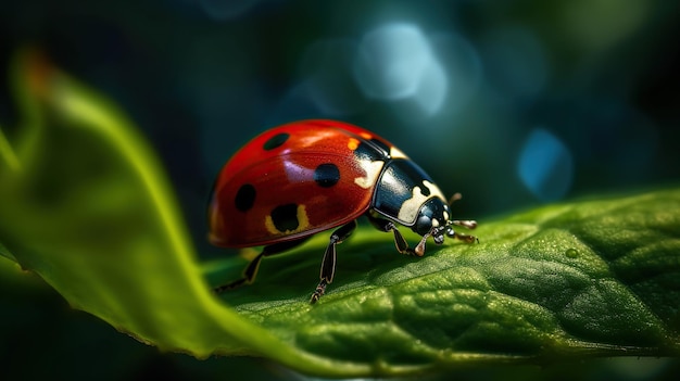 Red ladybug with open wings on Green Leaf Beautiful ladybug