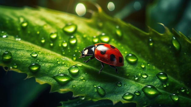 Red ladybug with open wings on Green Leaf Beautiful ladybug