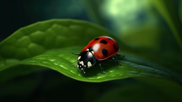 Red ladybug with open wings on Green Leaf Beautiful ladybug